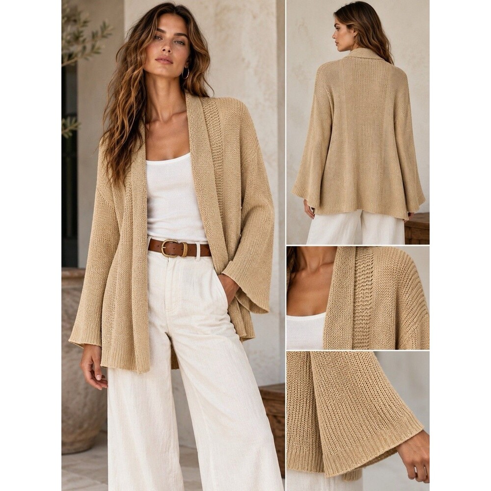 Lauren Ralph Lauren M Beige Long Open Front Cardigan 100% Linen light Knit